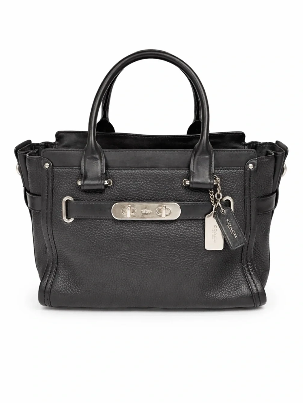 Coach Black Leather Satchel Tote Bag Turnlock Accent Pebbled Leather Handbag